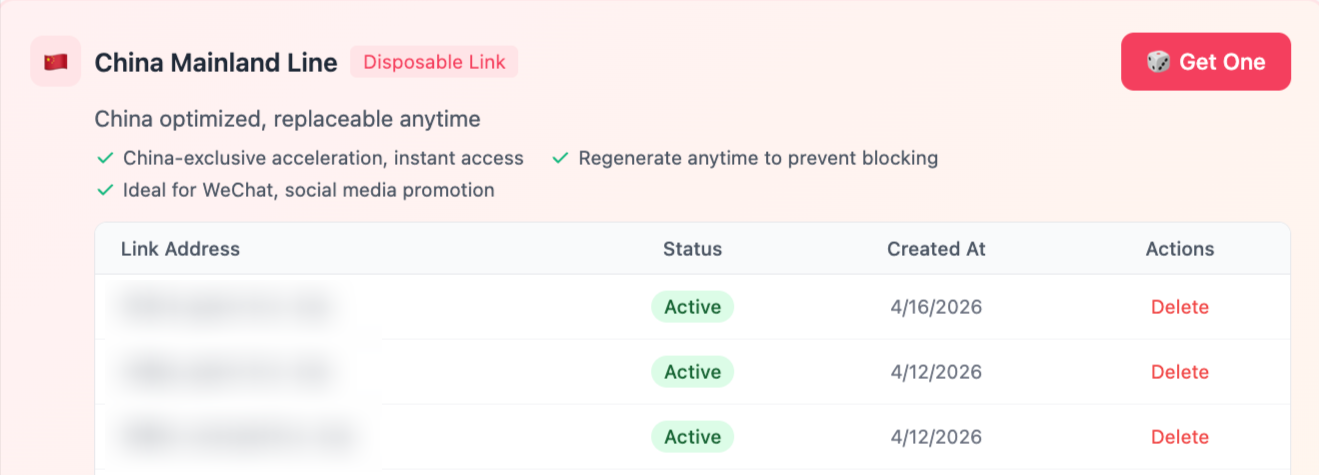 China mainland dedicated disposable link settings page
